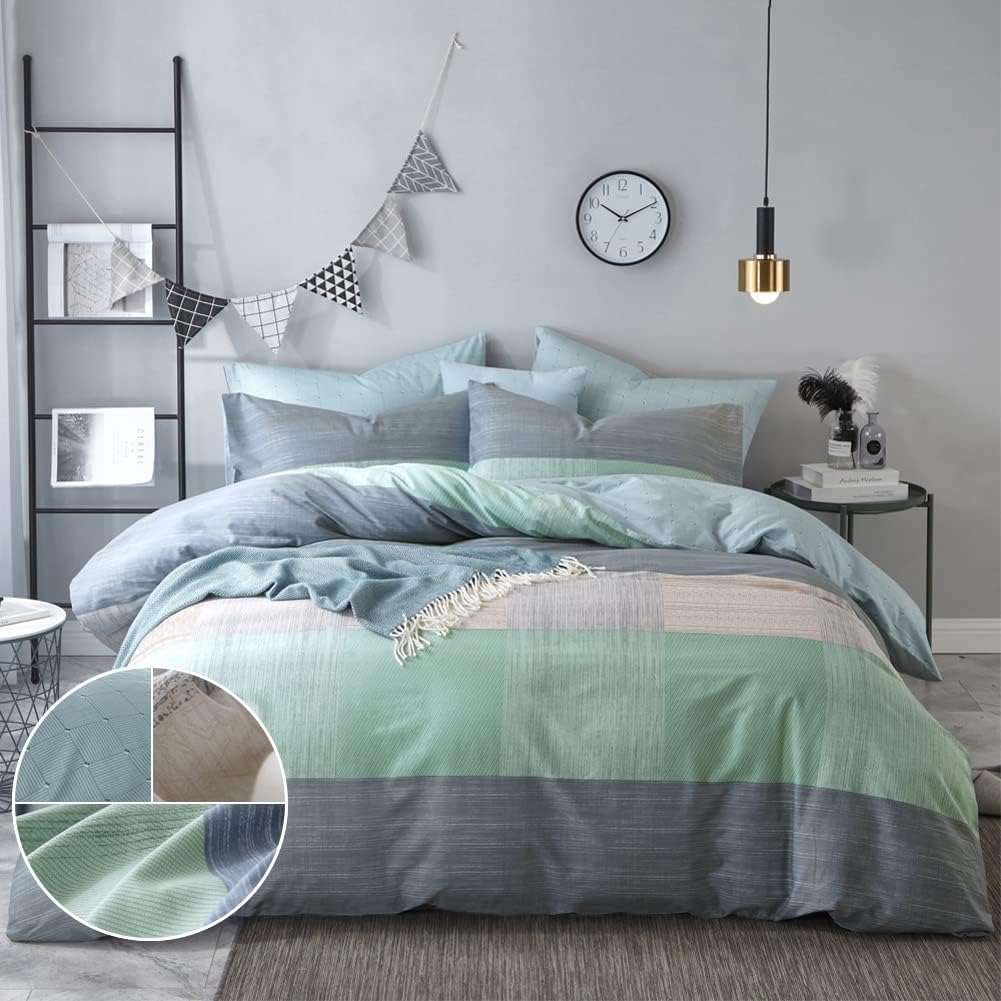 Blue Cotton Geometric Queen Duvet Cover Set O687701