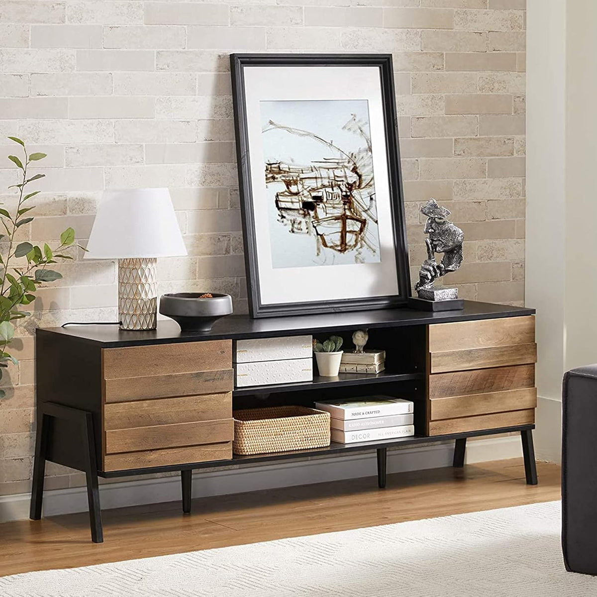 Black and Oak 60 inch Wood TV Stand I901963