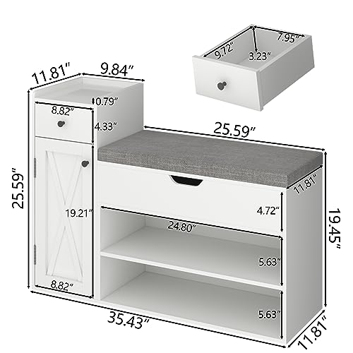 2-Tier Shoe Storage Bench with Sliding Barn Door Storage Cabinets & Removable Seat Cushion N128537