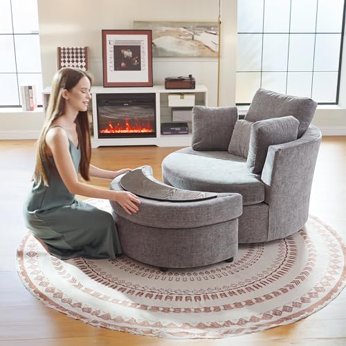 White Large Swivel Accent Barrel Chair with Ottoman I931