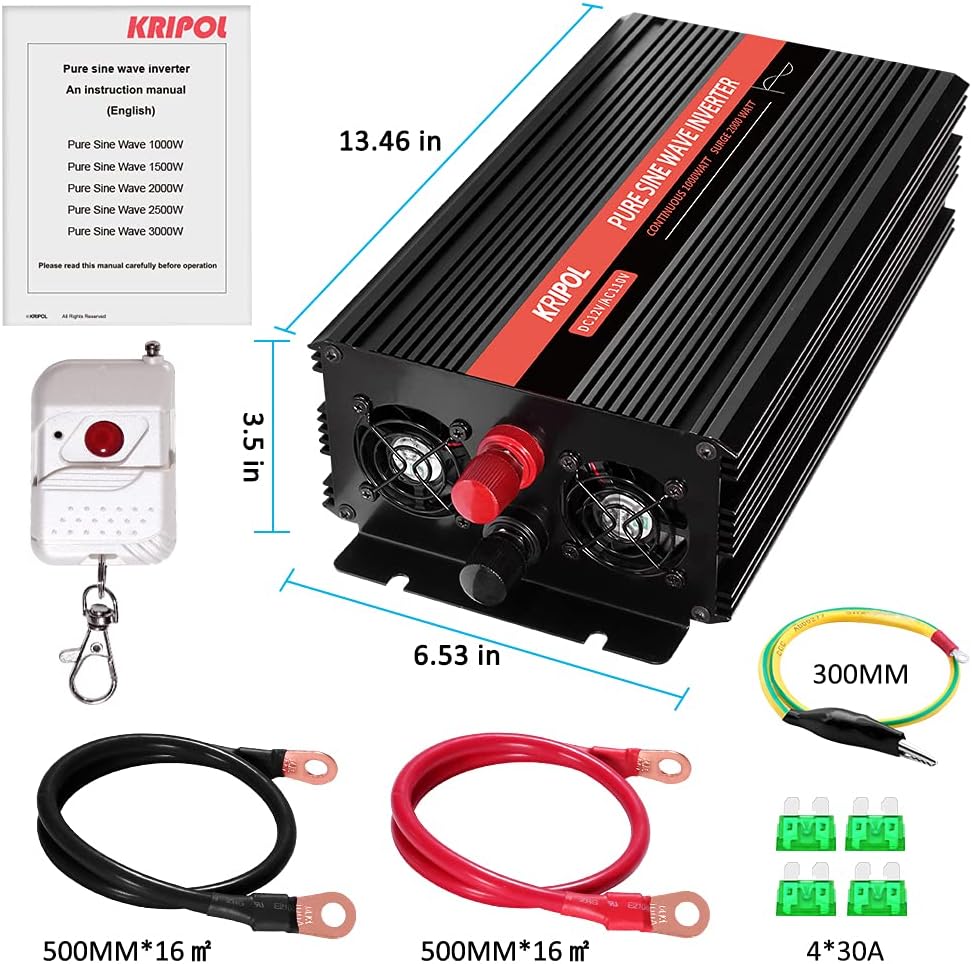 1000 Watt Pure Sine Wave Inverter 12v DC to 110/120v AC O7077
