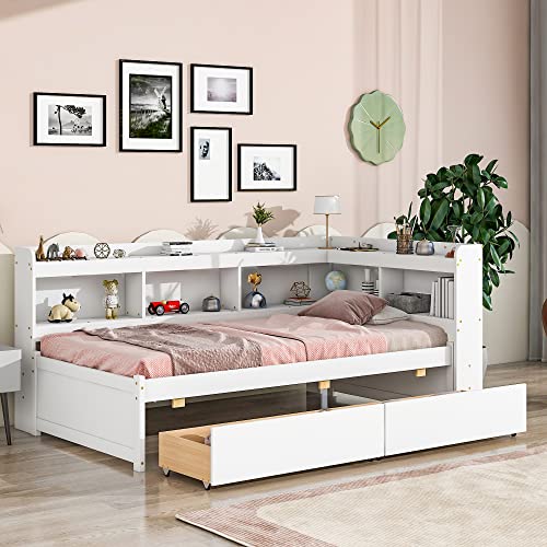 Grey Full Size Wooden Platform Bed with Two Storage Drawers and L-Shaped Bookcase L119