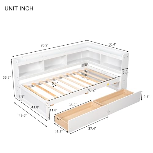 Grey Full Size Wooden Platform Bed with Two Storage Drawers and L-Shaped Bookcase L119