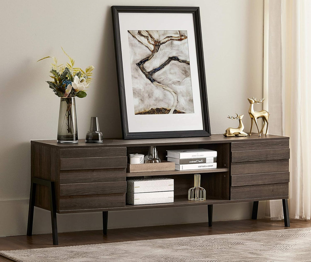Black and Oak 60 inch Wood TV Stand I901963