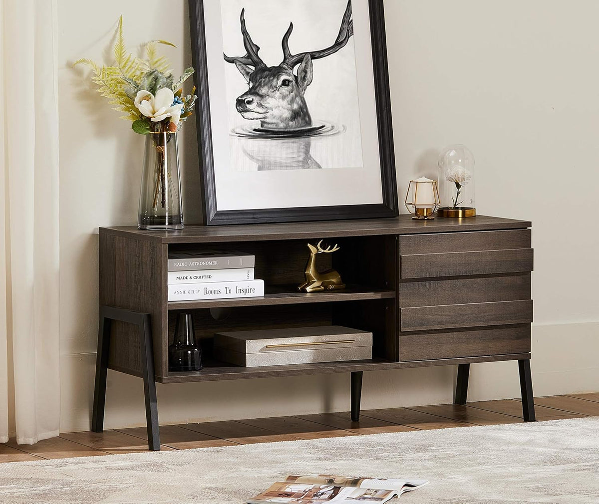 Black and Oak 60 inch Wood TV Stand I901963