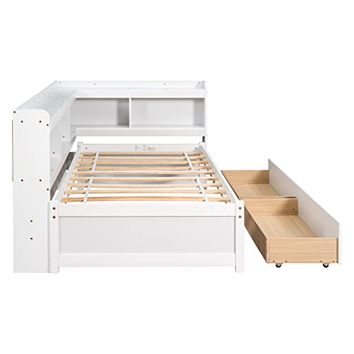 Grey Full Size Wooden Platform Bed with Two Storage Drawers and L-Shaped Bookcase L119