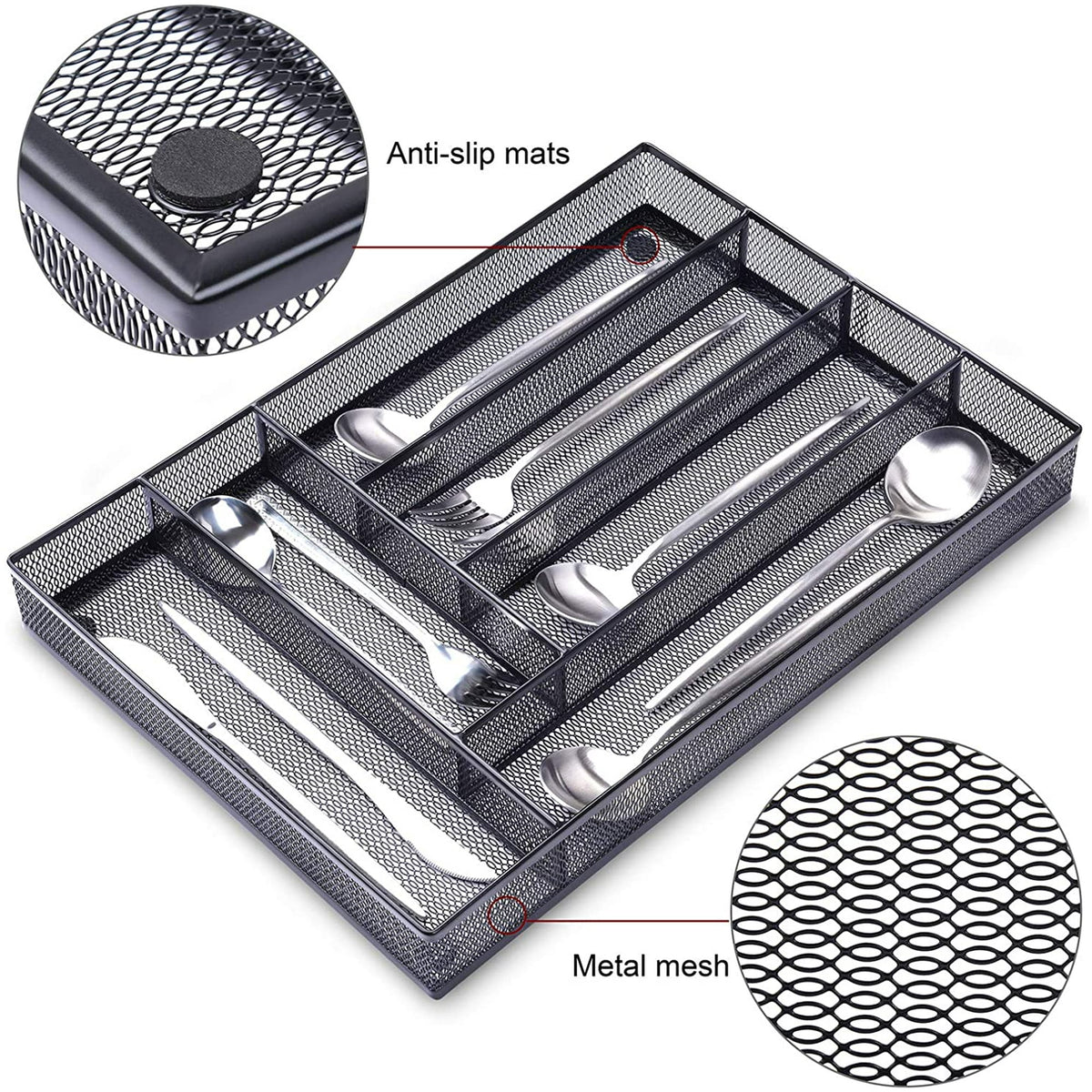 Black Metal Mesh Kitchen Flatware Organizer Tray with Non Slip Mat W587