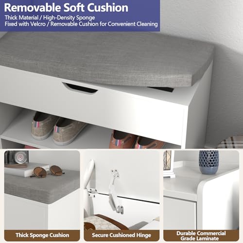 2-Tier Shoe Storage Bench with Sliding Barn Door Storage Cabinets & Removable Seat Cushion N128537