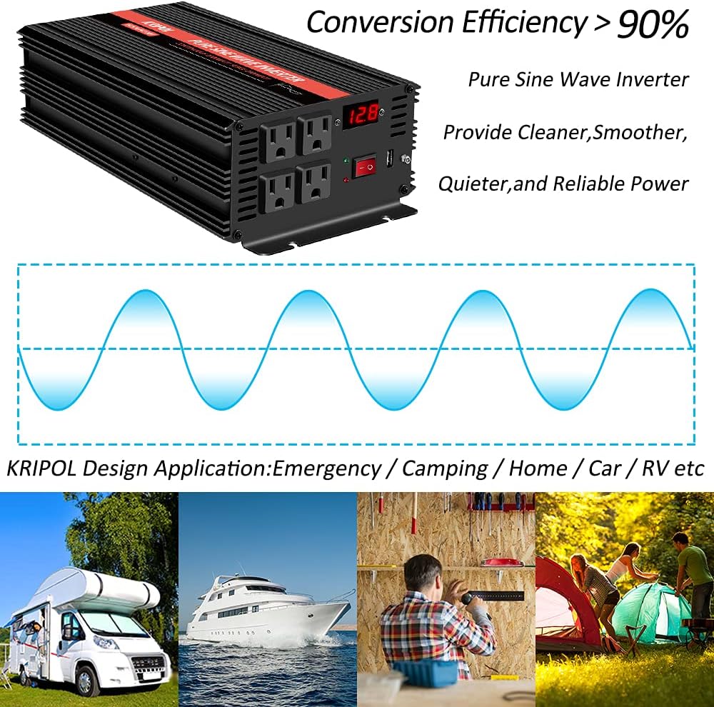 1000 Watt Pure Sine Wave Inverter 12v DC to 110/120v AC O7077