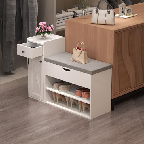 2-Tier Shoe Storage Bench with Sliding Barn Door Storage Cabinets & Removable Seat Cushion N128537