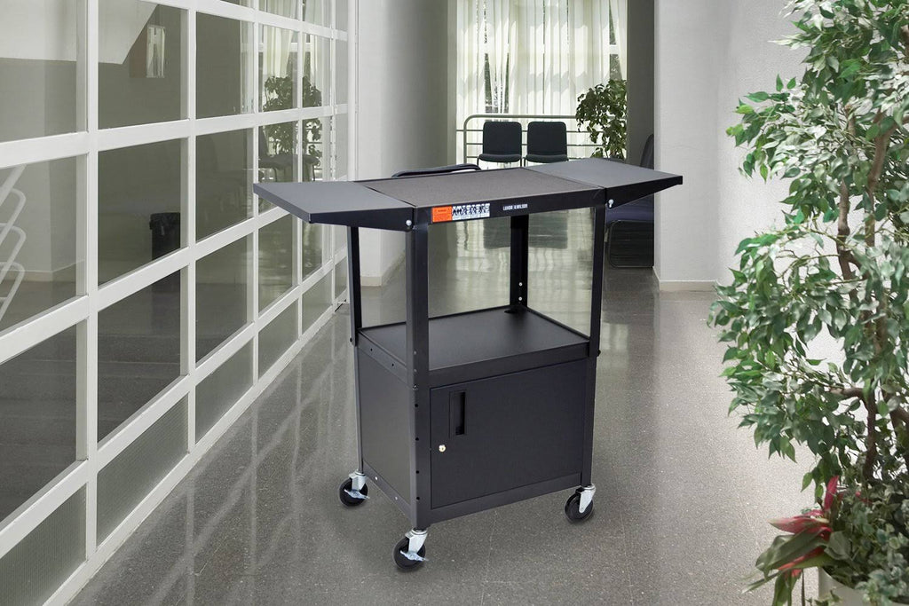 Adjustable Height Steel AV Cart with Cabinet and Drop Leaf I96822