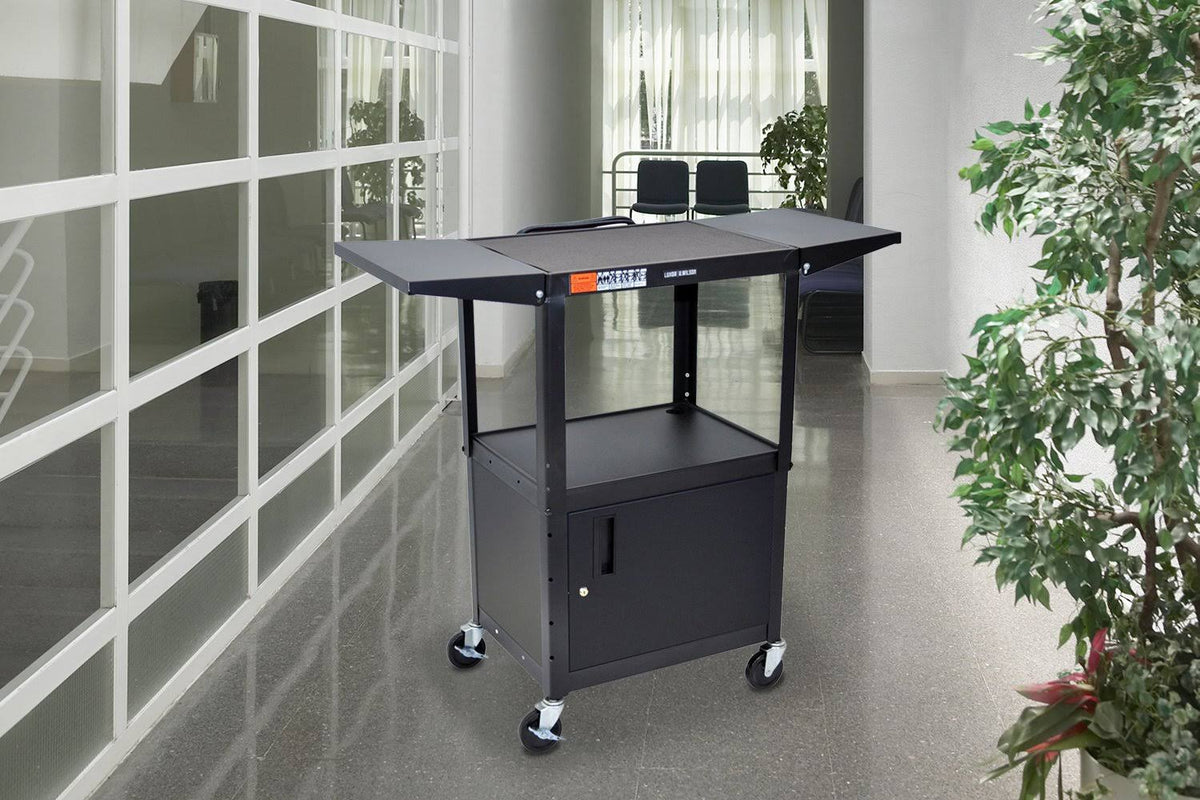 Adjustable Height Steel AV Cart with Cabinet and Drop Leaf I96822