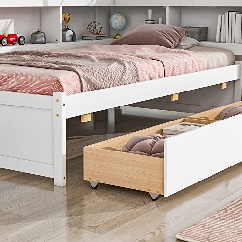 Grey Full Size Wooden Platform Bed with Two Storage Drawers and L-Shaped Bookcase L119