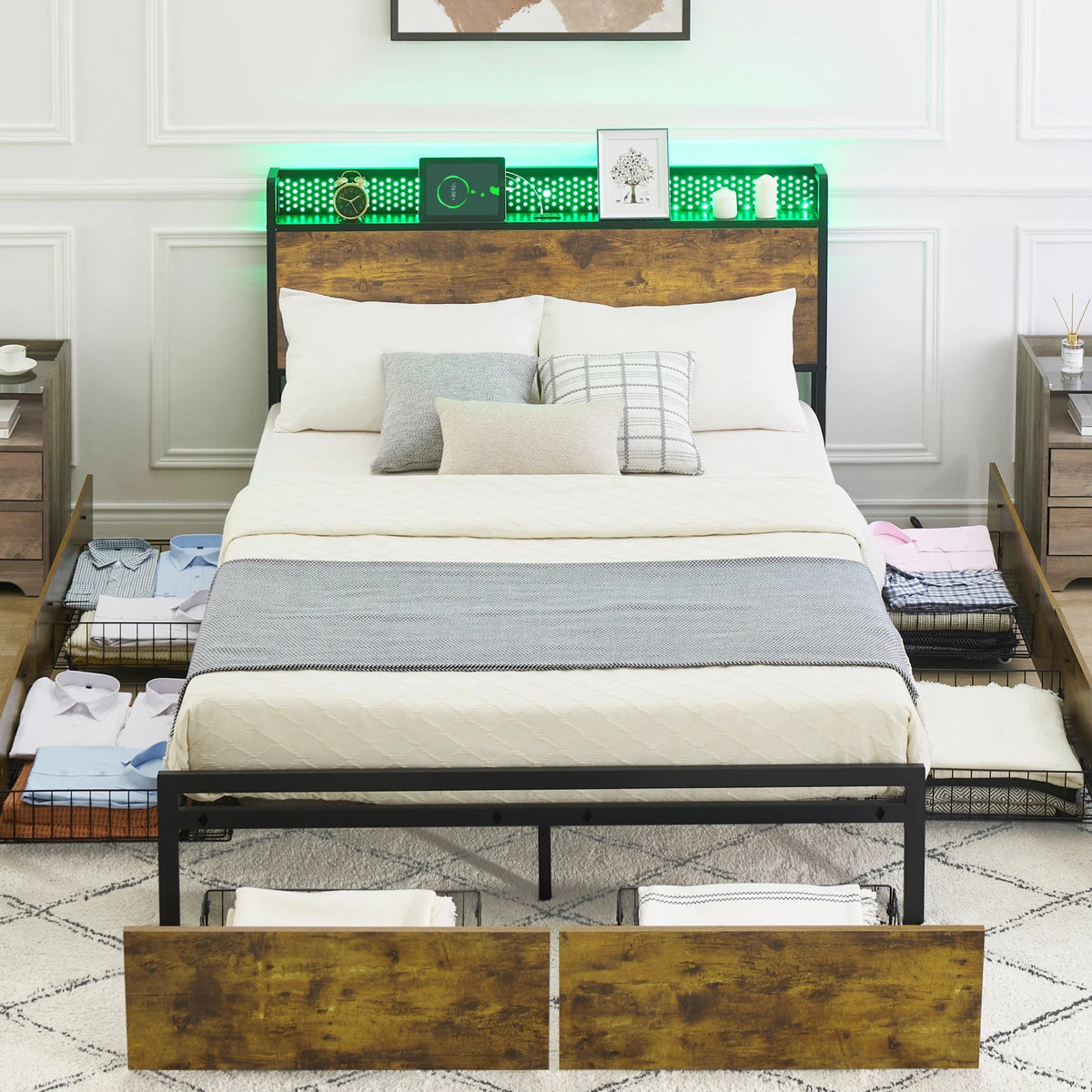 Queen Size Platform Bed Frame with Storage Headboard and 6 Drawers N512