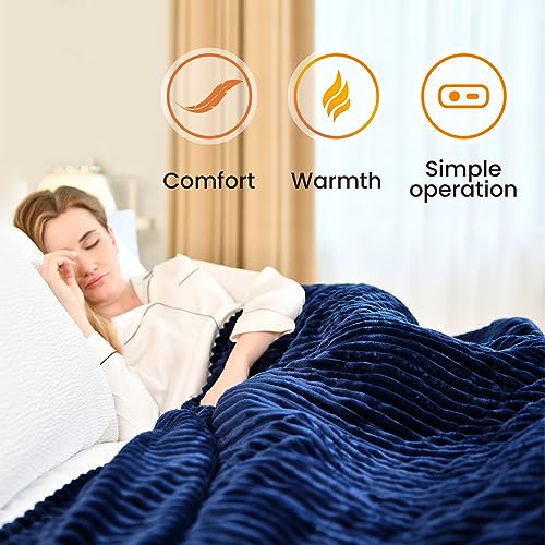 Navy Blue Queen Size Striped Electric Fleece Blanket with 6 Heat Levels and Auto-Off D691386
