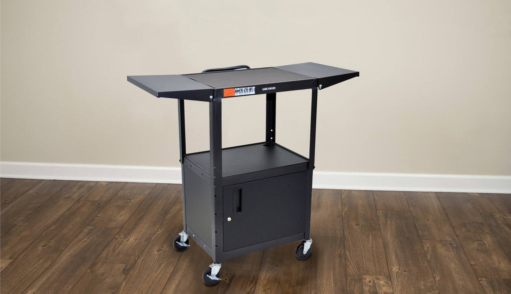Adjustable Height Steel AV Cart with Cabinet and Drop Leaf I96822