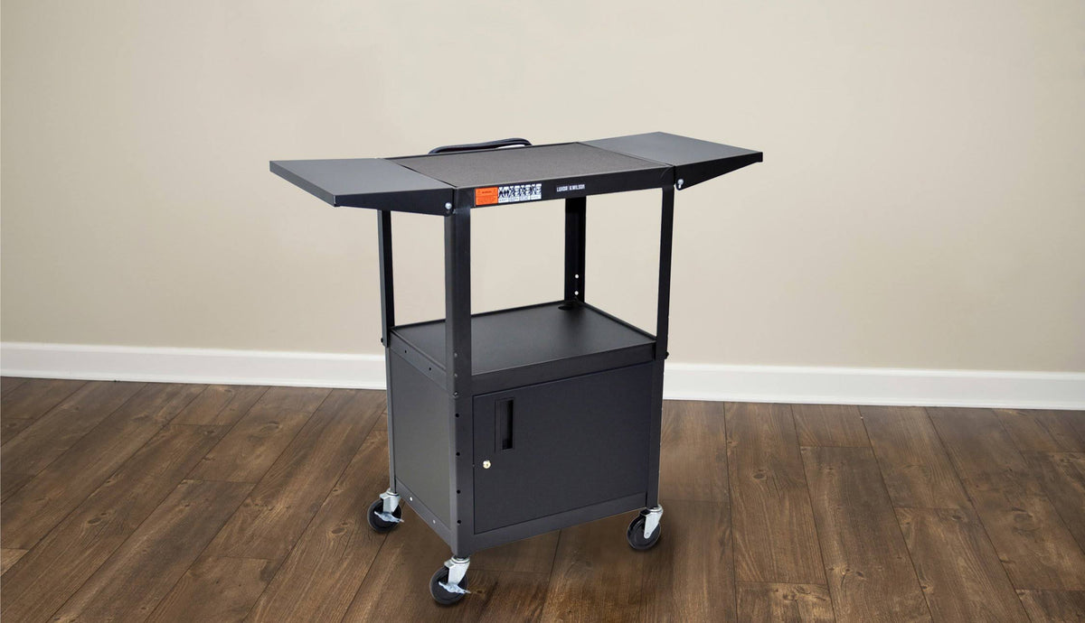 Adjustable Height Steel AV Cart with Cabinet and Drop Leaf I96822