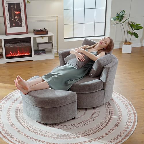 White Large Swivel Accent Barrel Chair with Ottoman I931