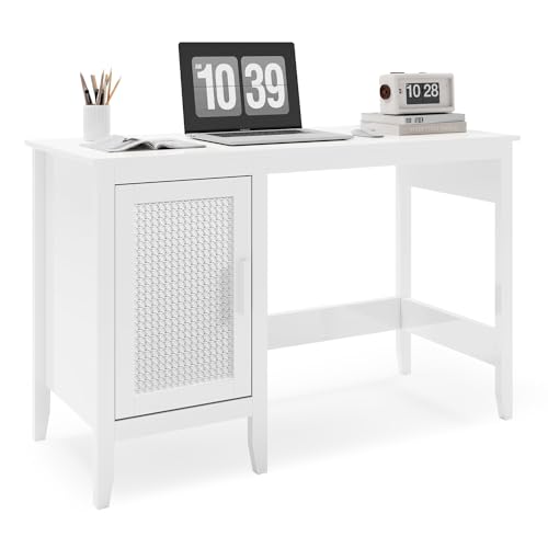 White Rattan Wood Desk with Drawers and Cabinet R1400