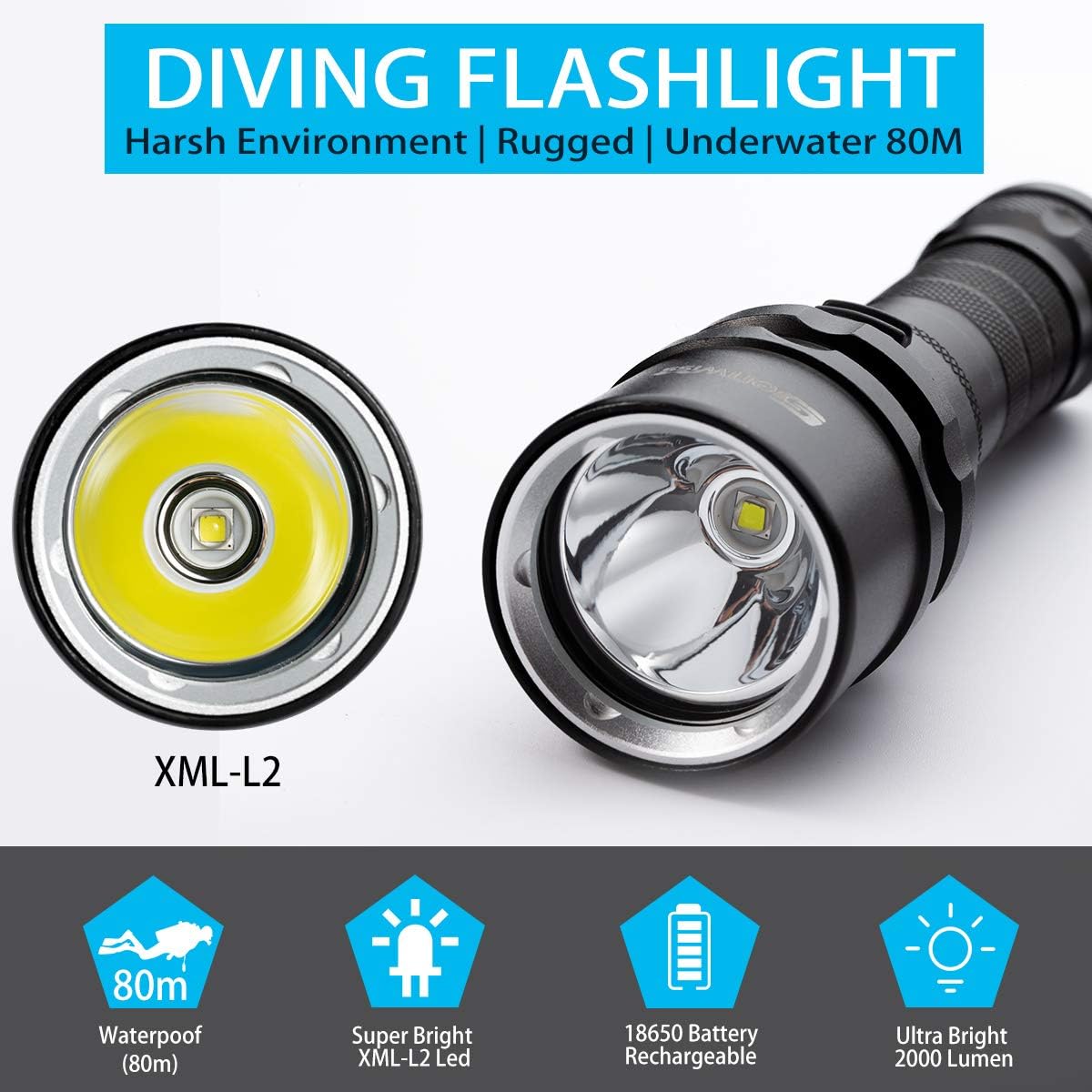 2000 Lumen Waterproof Underwater LED Dive Torch D788513