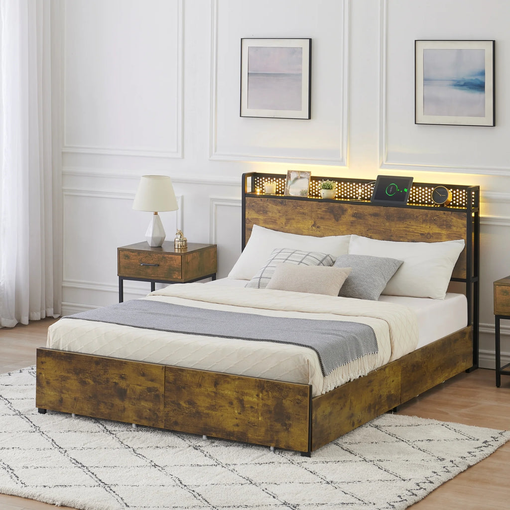 Queen Size Platform Bed Frame with Storage Headboard and 6 Drawers N512