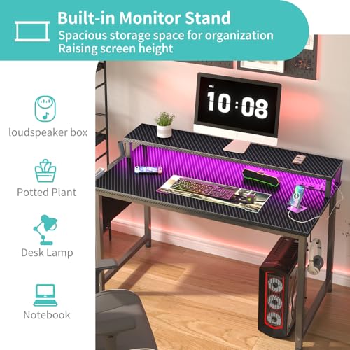 Black 40 Inch Gaming Desk with LED Lights and Power Outlets Y945