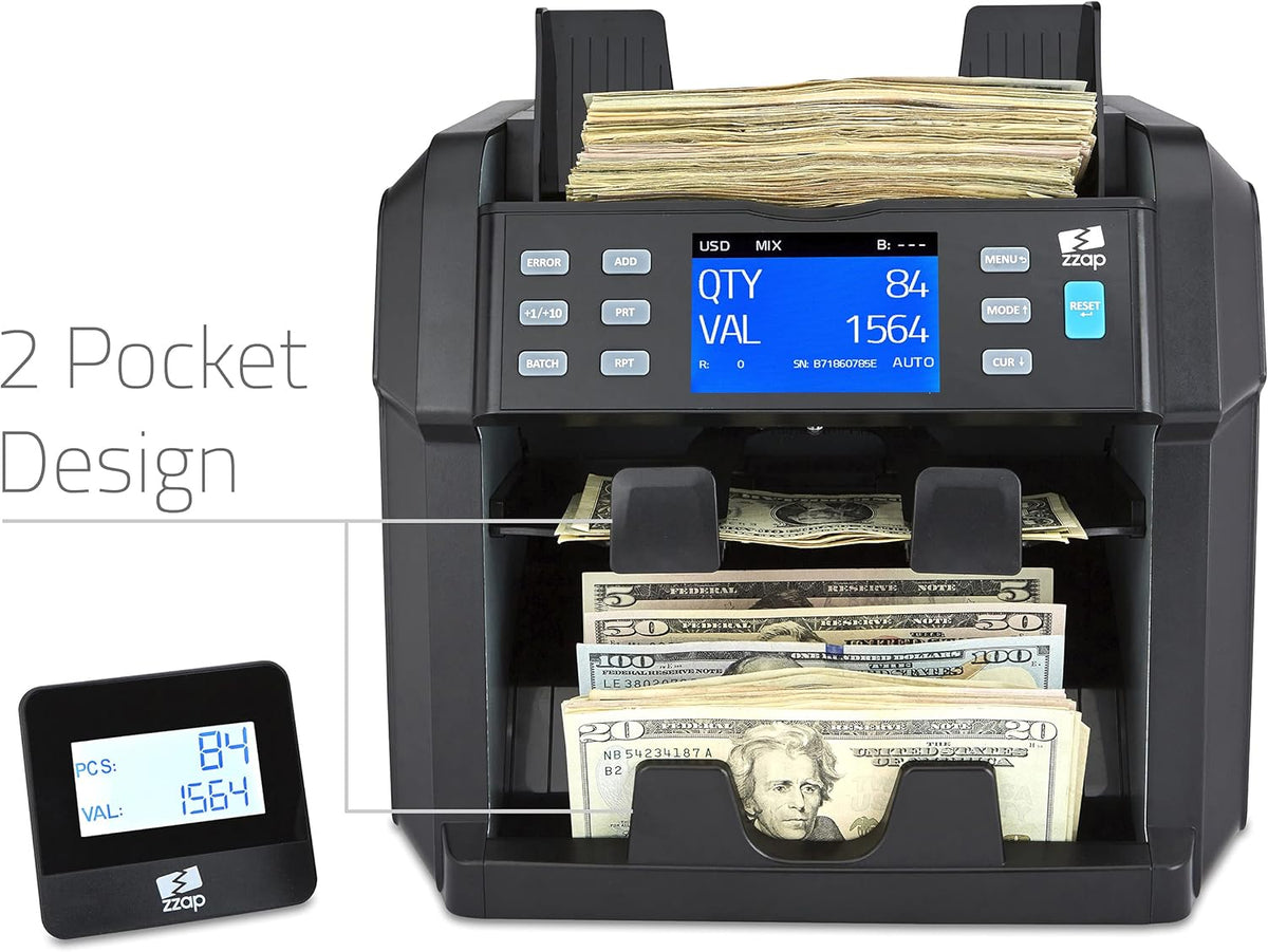Mixed Denomination Bill Counter 2 Pocket Sorter Counterfeit Detector Y449055