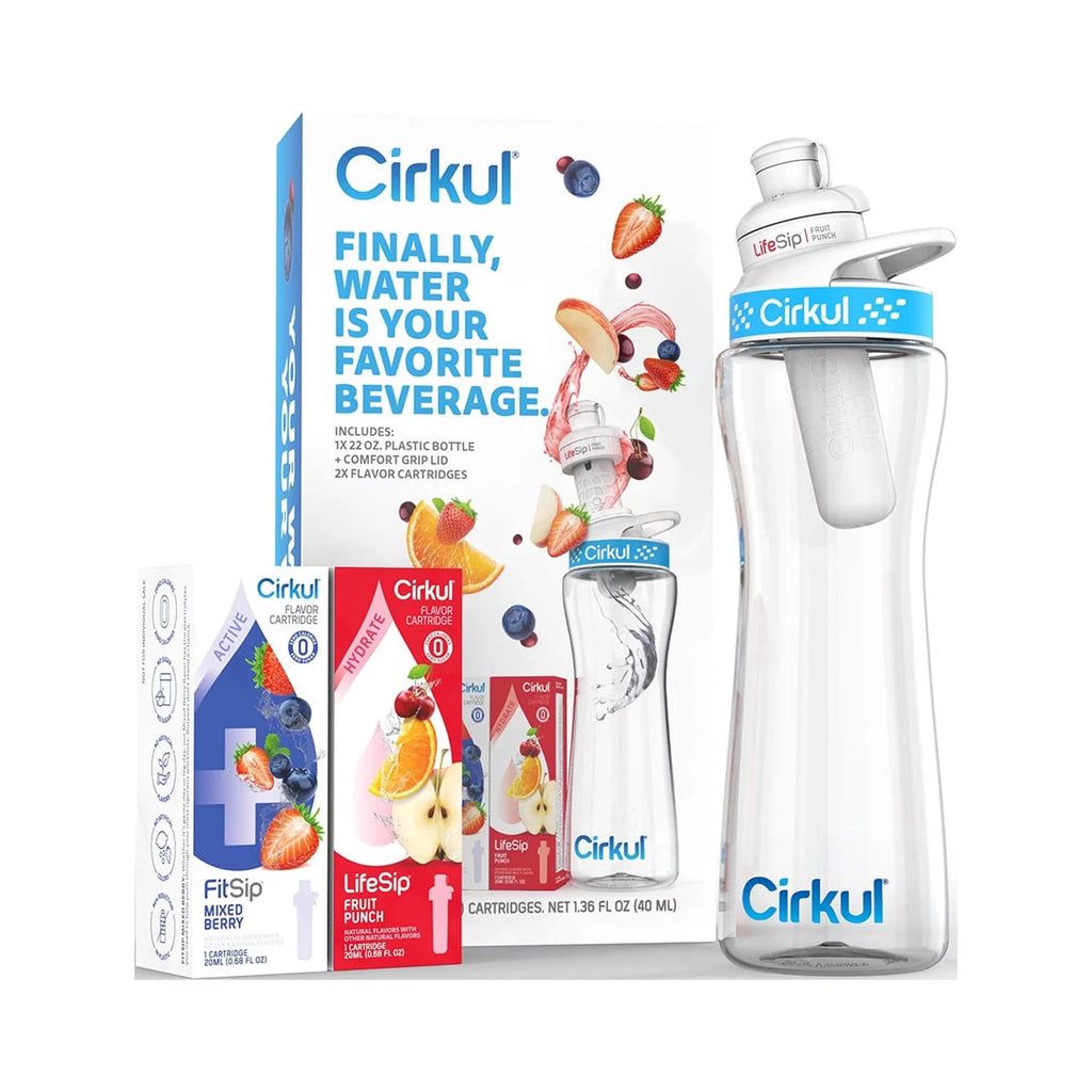 22oz Plastic Water Bottle Starter Kit with Blue Lid and 2 Flavor Cartridges T3815