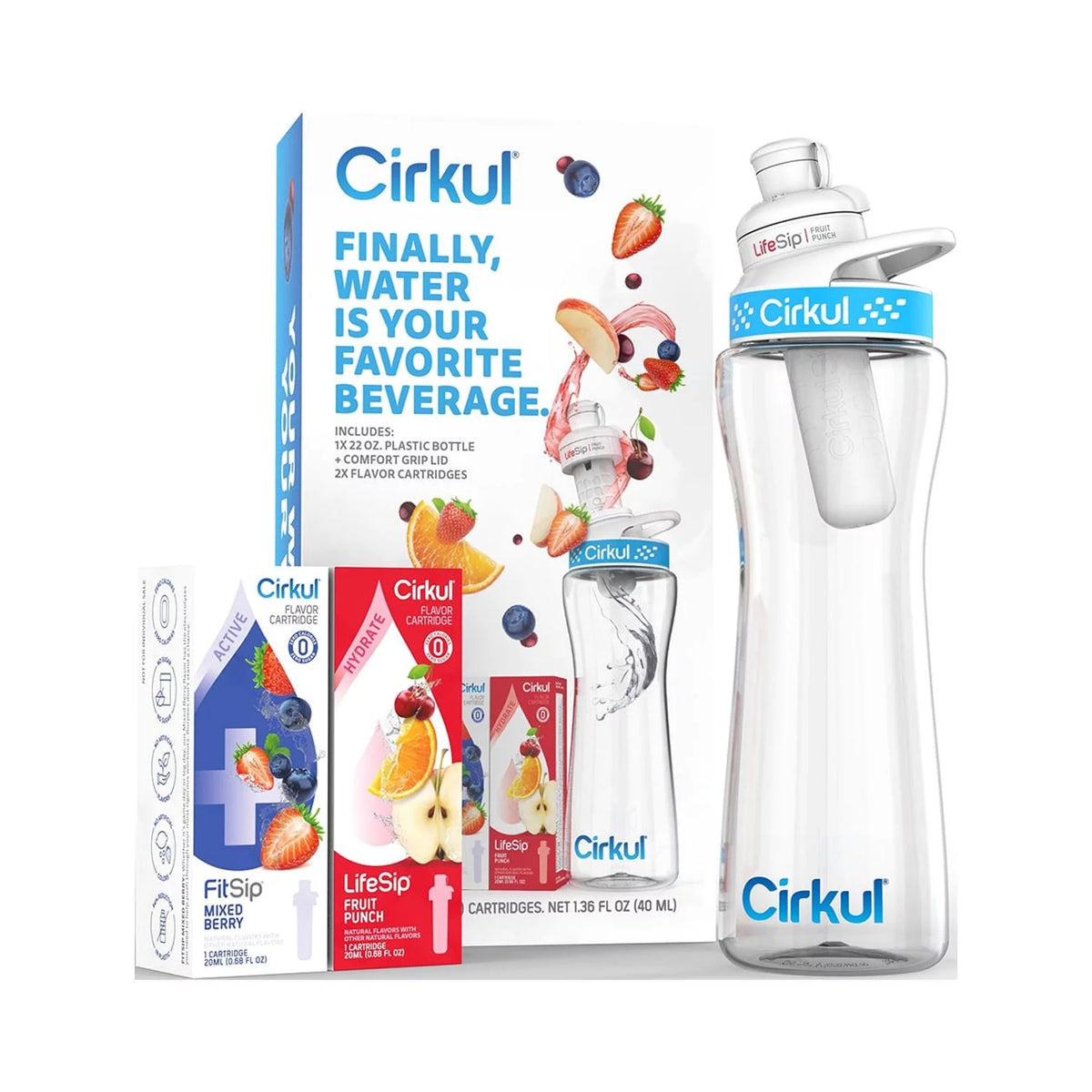22oz Plastic Water Bottle Starter Kit with Blue Lid and 2 Flavor Cartridges T3815