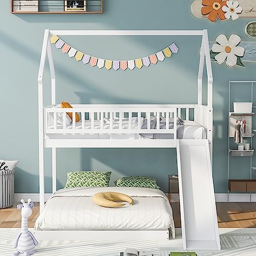 Twin Over Twin Solid Wood House Bunk Bed with Trundle and Slide L600