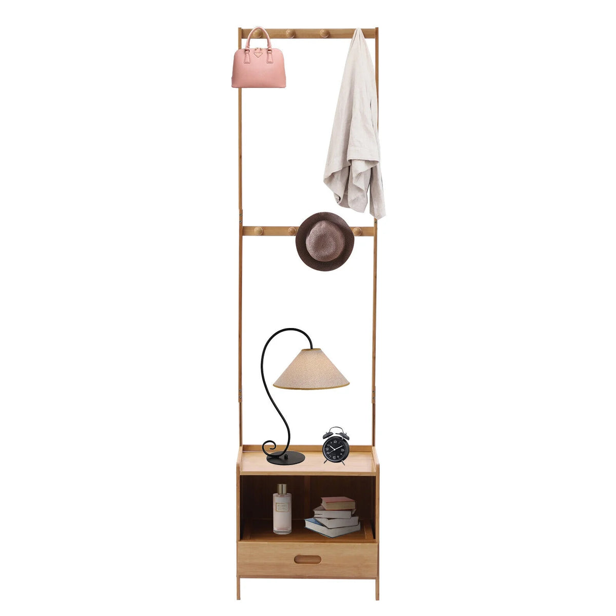 Bamboo Coat Hat Rack Shoe Bench with 8 Hooks V281079