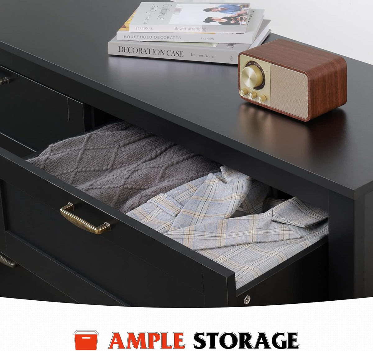 6 Drawer Retro Wood Dresser with Metal Handle W742