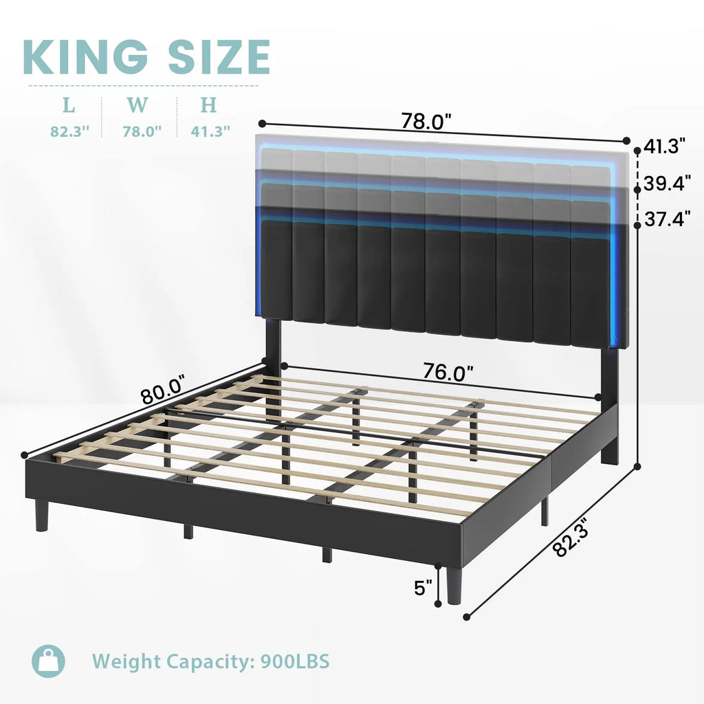 King Leather Upholstered Platform Bed with Charging Station and LED Lights H23530