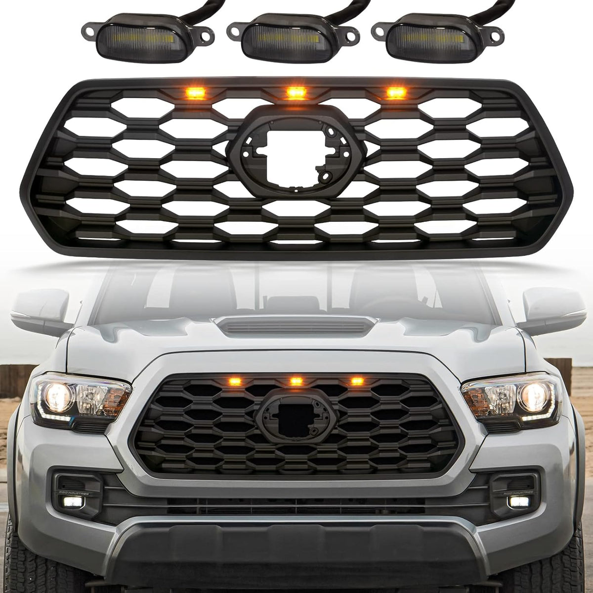 Bright Black Front Grill with Grey Letters and Amber Lights H29882
