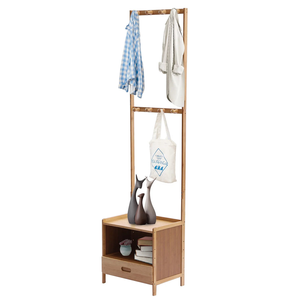 Bamboo Coat Hat Rack Shoe Bench with 8 Hooks V281079