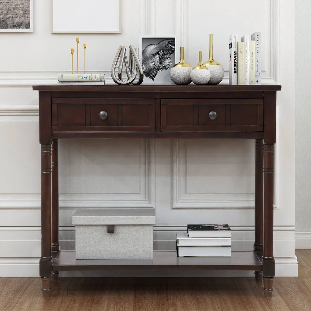 Espresso Two Drawer Console Table with Bottom Shelf E9632