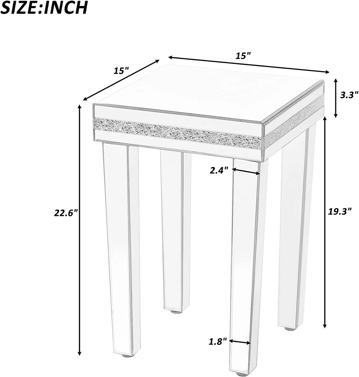 Modern Glass Mirrored Side Table with Crystal Design and Adjustable Height Legs J858435