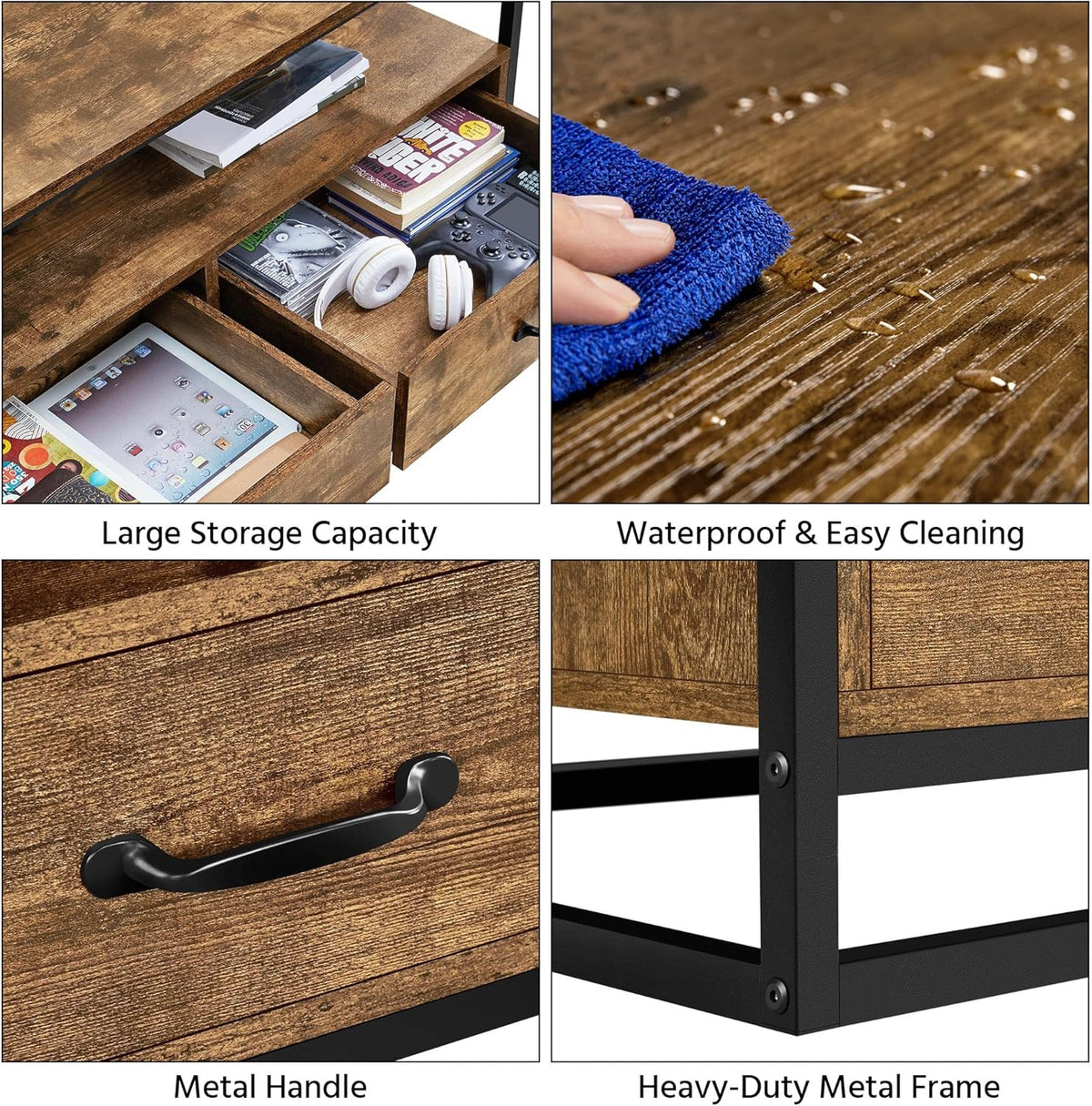 Farmhouse Coffee Table with Open Storage Shelves and 2 Drawers, Metal Frame, Rustic Brown B90666