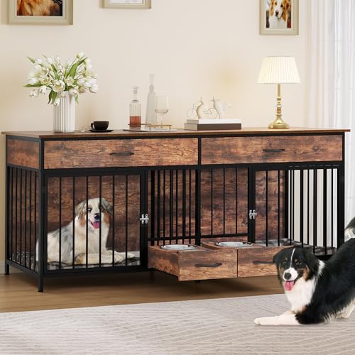 Brown Wooden Double Dog Crate Furniture with Drawers N649
