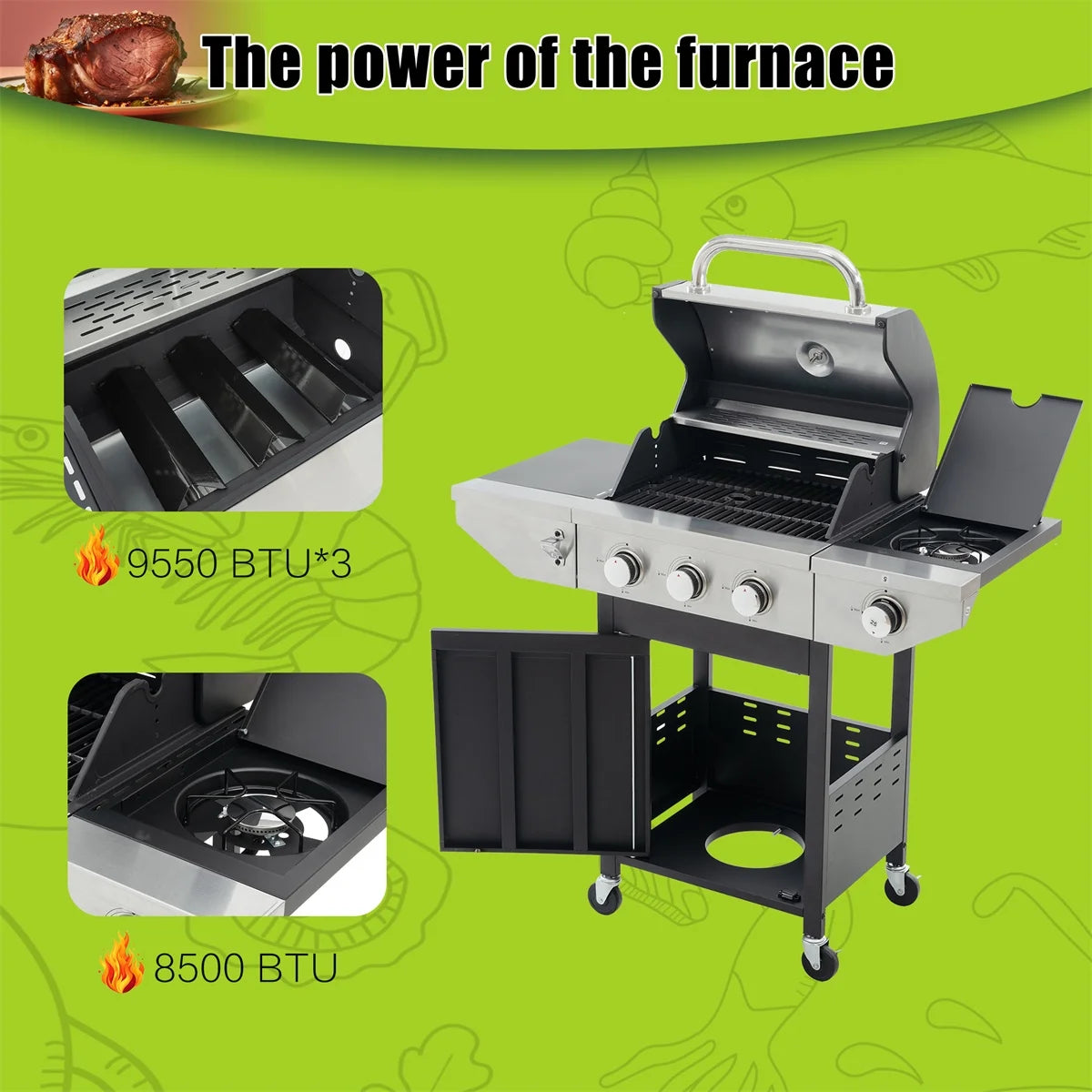 3 Burner Propane Gas Grill with Side Burner, Stainless Steel, Black H88955