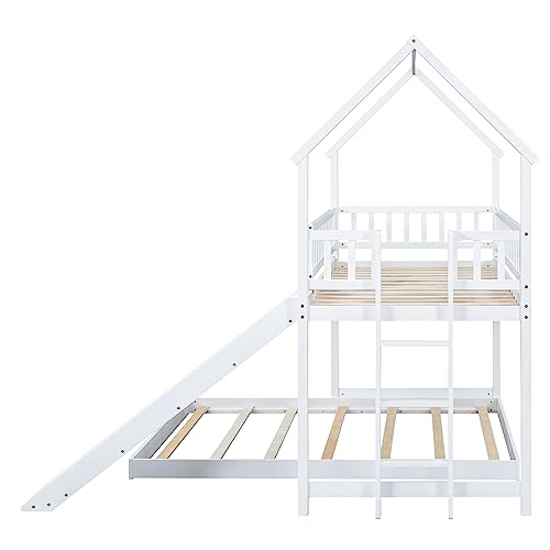 Twin Over Twin Solid Wood House Bunk Bed with Trundle and Slide L600