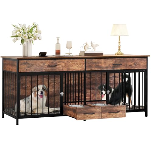 Brown Wooden Double Dog Crate Furniture with Drawers N649