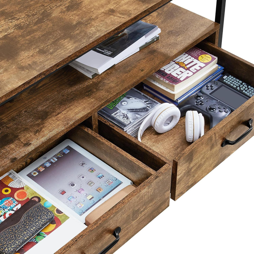 Farmhouse Coffee Table with Open Storage Shelves and 2 Drawers, Metal Frame, Rustic Brown B90666