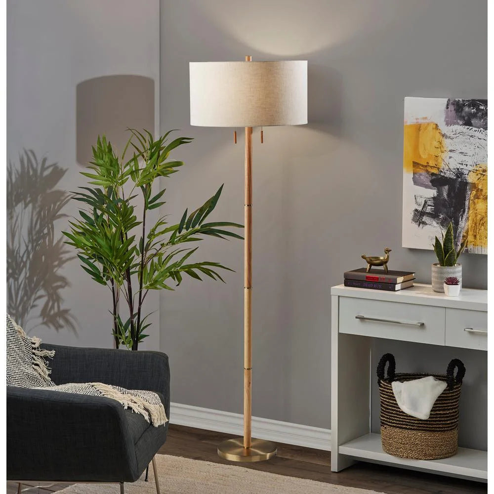 Natural Rubberwood Base & Antique Brass Floor Lamp V1234