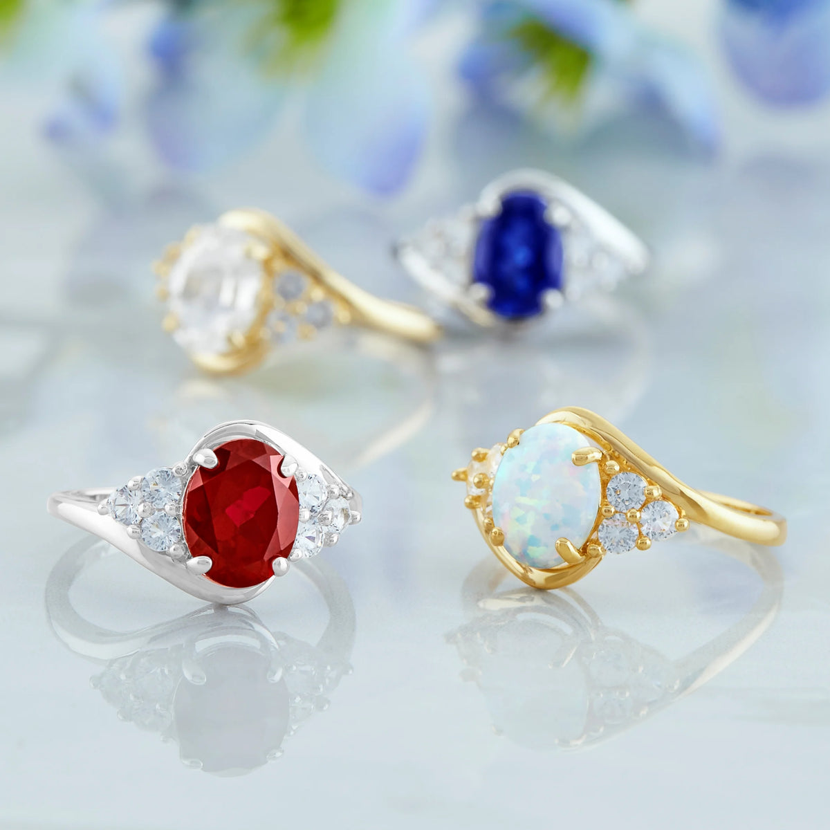 Red Ruby Oval Halo Ring in 10k Yellow Gold with Created White Sapphire N14071