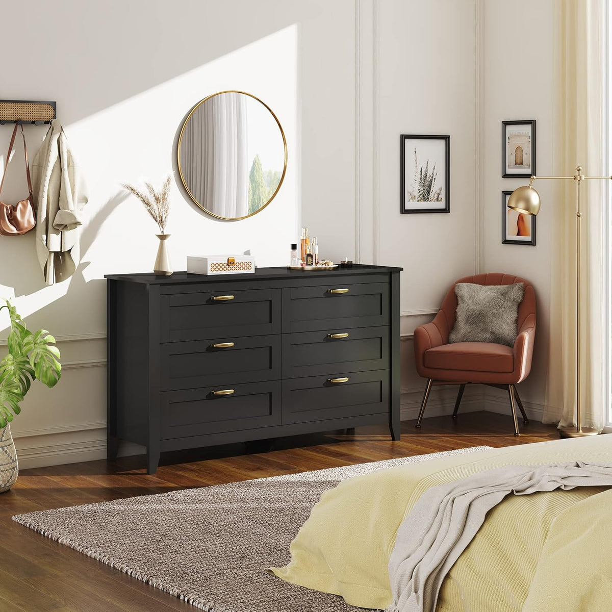 6 Drawer Retro Wood Dresser with Metal Handle W742