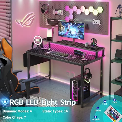 Black 40 Inch Gaming Desk with LED Lights and Power Outlets Y945