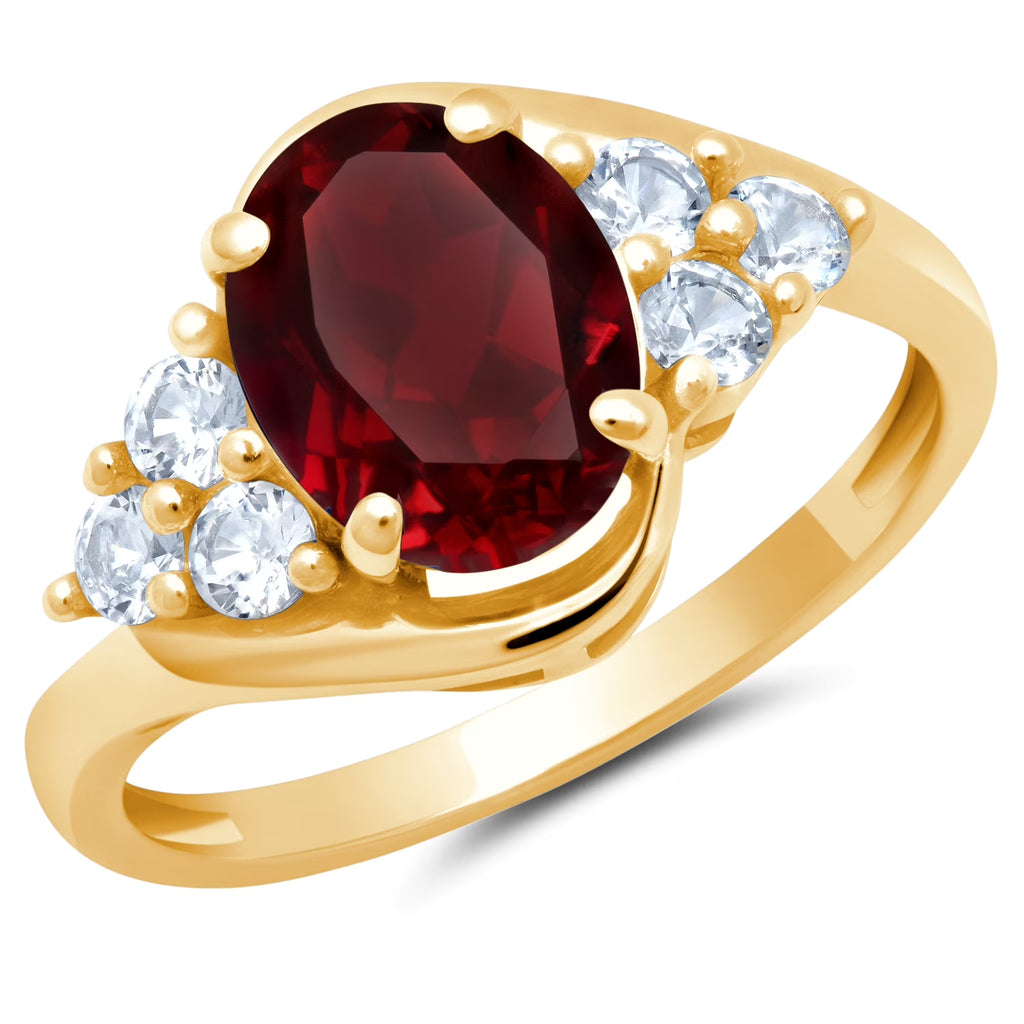 Red Ruby Oval Halo Ring in 10k Yellow Gold with Created White Sapphire N14071