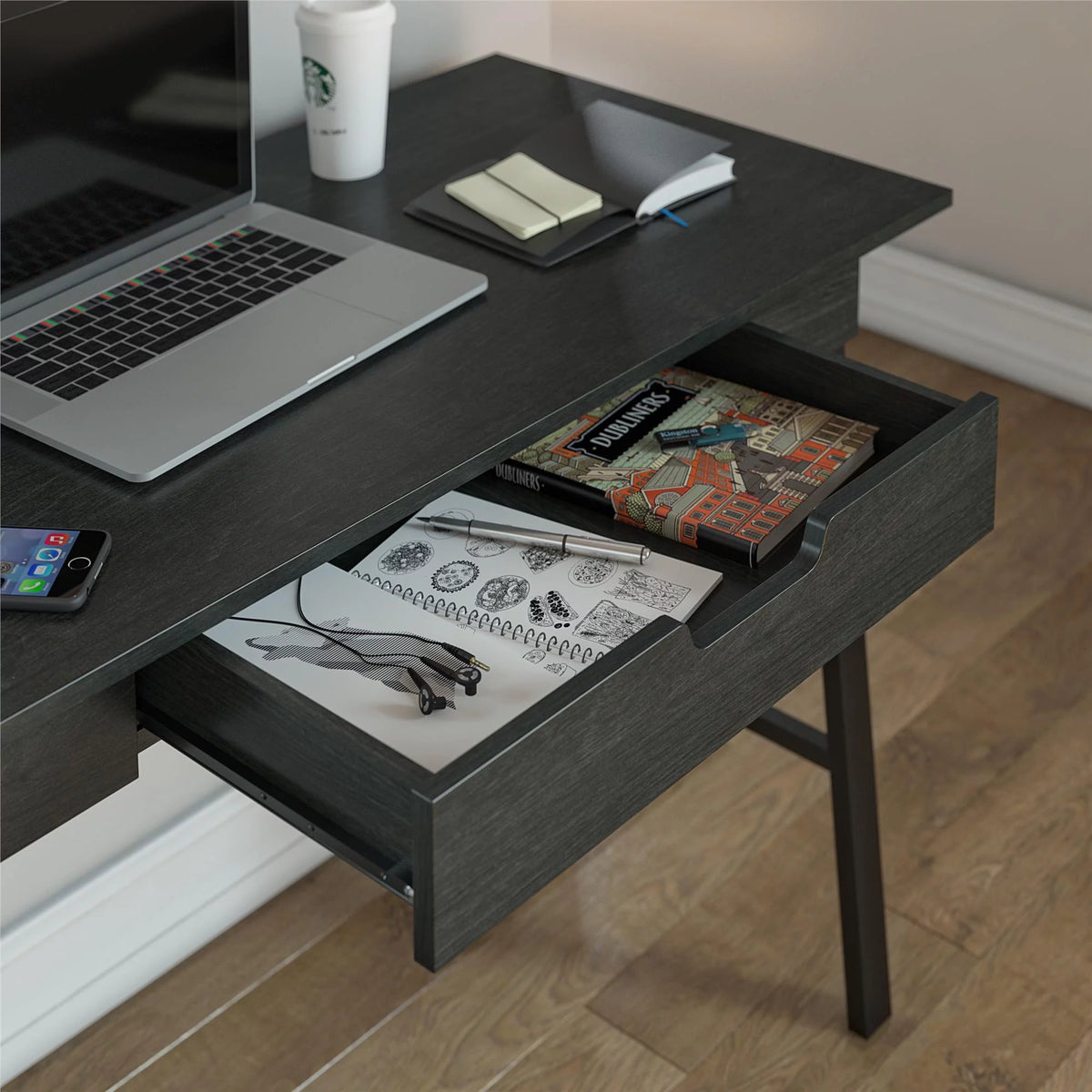 Black Oak Computer Desk with Drawer F5459