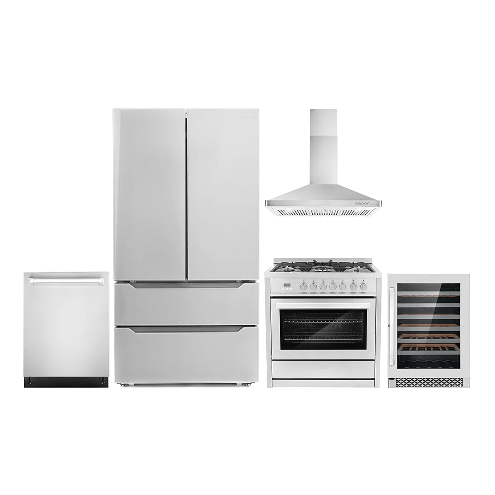 36 Dual Fuel Range, Wall Mount Range Hood, Dishwasher, Refrigerator with Ice Maker and Wine Cooler E349